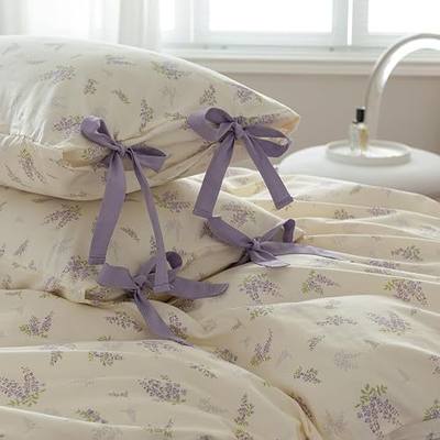 Purple Floral Pillowcases Set of 2 Girls Cute Flower Pillow Shams with Elegant Bow Ties Vintage Floral Cotton Bedding Pillow Covers Standard Size Botanical Flower Pillowcases Set, (2 Pieces, 20"x26")