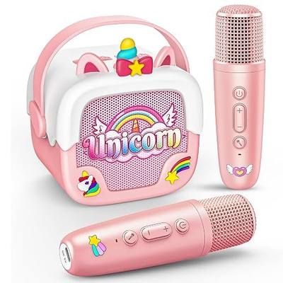 Mini Karaoke Machine for Kids Girls: Unicorn Portable Bluetooth Speakers with 2 Wireless Mic Birthday Gifts for 5 6 7 8 9 10 11 Years Teen Toys for Girls Age 4-6 7 8 9 Pink