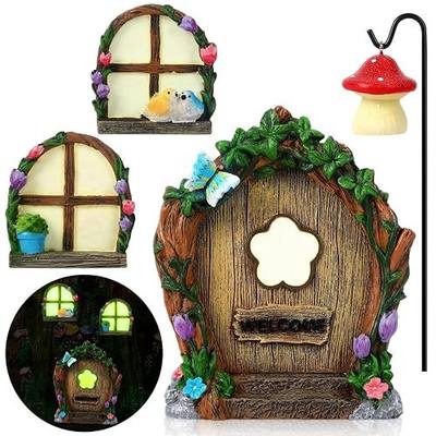 Augshy Fairy Door Windows and Lantern for Trees, Glow in The Dark Fairy Doors Fairy House Kit for Trees Outdoor Rooms Gnome Courtyards Lawns Garden Decorations