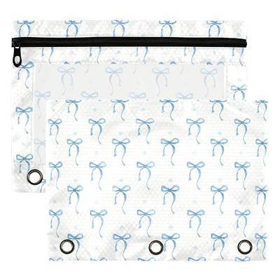 Wamika Blue Ribbon Bowknot Binder Pouches 3 Ring for Boys Girls School Office College Supplies Bow Tie Doodle Pattern White Pencil Pouches Case Bag with Clear Window and Zipper 2 pack