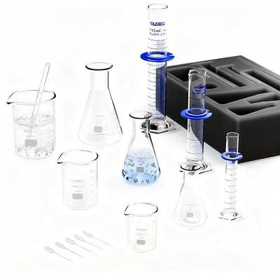 JOLABEAR 15 Pcs Lab Glassware Set - 3.3 Borosilicate Glass Measuring Beakers 50-250ml, Graduated Cylinders 10-100ml & Erlenmeyer Flasks 50-250ml with Stir Rod for Scientific Lab & Reagent Storage