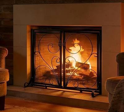 Fireplace Screen with Double Doors, Metal Mesh Spark Guard, Baby Proof Fireplace Screen, Decorative Black Safety Screen for Wood Stoves and Fireplaces