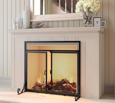 Fireplace Screen with Double Doors, Heavy Duty Steel Mesh Spark Guard, Baby Safe Wrought Iron Decorative Safety Screen for Wood Stoves & Fireplaces