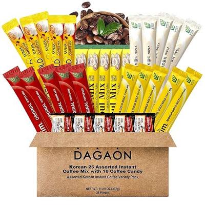 Dagaon Korean 25 Assorted Instant Coffee Mix Sticks with 10 Coffee Candy. 5 Flavors 3-in-1 Coffee, Creamy, Smooth & Sweet. On-the-Go Single-Serve Sachets. Individual Sticks for Freshness.