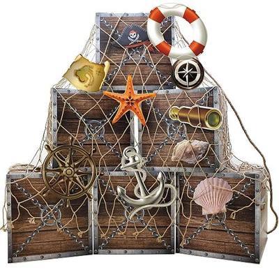 18Pcs Pirate Party Decorations Imitation Wooden Box Fishing Net Car Trunk or Treat Decor Ocean or Pirate Party Favors Adventure Birthday Photo Booth Props for Adult use only(Wood)