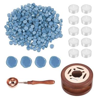 PATIKIL Wax Seal Kit, 300 Pcs Wax Sealing Beads, Wooden Warmer, Melted Spoon, 10 Pcs Tealight Candles for Envelope Letter Mailing Crafts DIY, Smog Blue