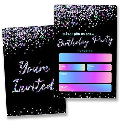Glitter Birthday Party Invitations for Boys Girls Black Birthday Celebration Party Invites (20 Cards with Envelopes) Double Sided Design