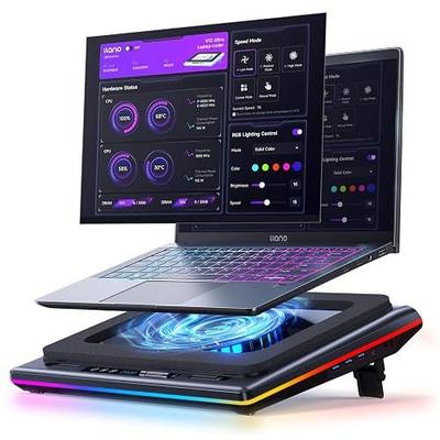 llano V12 Ultra Laptop Cooling Pad with Smart Software Control Laptop Fan | Laptop Stand RGB, 5.5" Turbo Fan, Adjustable Speed, 3-Port USB 3.0 Hub, 3 Height Stands, for 15.6"-19" Gaming Laptops, Black