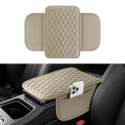 Amiss Car Center Console Cover, Leather Car Armrest Cushion with 2 Storage Pockets, Universal Waterproof Cushion Pad, Non-Slip Car Interior Accessories, Fits Most Sedans SUVs Trucks (Light Beige)
