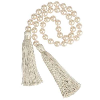 34 Inch Pearl Glass Bead Garland with Tassels-1 Pack,Off White | Elegant Boho Table Decor, Fringe Wall Hanging for Wedding, Party, Farmhouse Rustic Prayer Bead Home Decoration