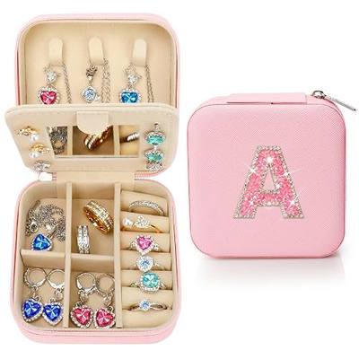 Personalized Initial Travel Small Jewelry Box Case Organizer For Girls Kids | Teen Girls Gifts Trendy Stuff Bling Sparkly Personalized Gifts For Women Bridesmaids,Glitter Easter Birthday Gifts,(pink A)