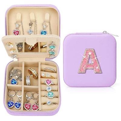 Personalized Easter Basket Gifts for Teen Girls, Bling Sparkly Initial Jewelry Case,Glitter Rhinestone Travel Jewelry Box, Small Size (Purple A)