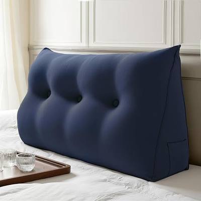 WOWMAX Multifunctional Upholstered Headboard Pillow Twin, Button Tufted Dorm Twin XL, Portable College Dorm with Removable and Washable Cover, Linen & Cutton Blend, Blue