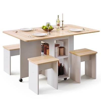 Mondeer Folding Dining Table Set for 4, Drop Leaf Table with 4 Chairs for Small Spaces, Dining Room Table Set with Storage Shelf and Wheels, for Kitchen Dining Room (Red Oak and White) | Drop Leaf Table with 4 Chairs, Storage Shelves, for Small Spaces Kitchen Dining Room Apartment, W120 x D80 x H80