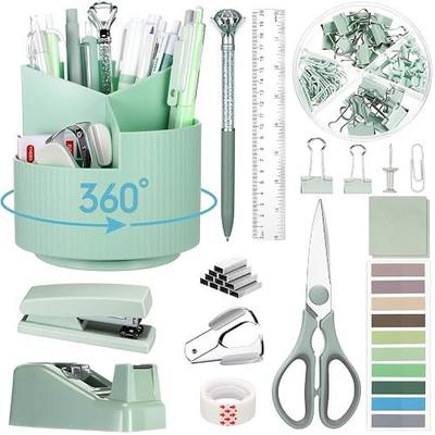 Marspark Sage Green Desk Accessories Office Supplies Set, 12 Pcs | 360° Rotating Pen Holder, Stapler, Tape Dispenser, Scissor, Sticky Notes, Binder Clips, Desk Organizers Gift for School
