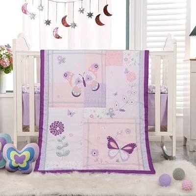 Mini Crib Bedding Set for Girls, 3 Pieces Floral Butterfly Baby Girl Bedding Set, Include Mini Crib Comforter Fitted Sheet and Crib Skirt, Mini Size Nursery Crib Set for Girls, Purple