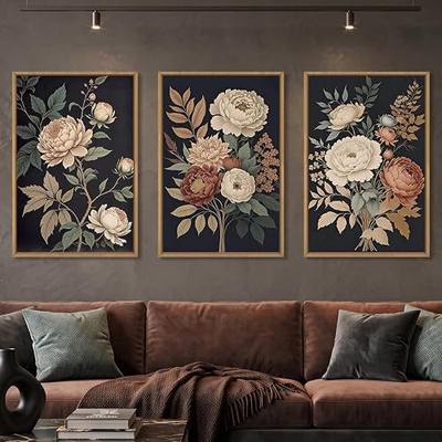 HOURIA Large Moody Dark Flower Framed Canvas Wall Art Set- 24"x36"x3 | Retro Natural Beige Red Peony Wildflower Wall Decor,Vintage Textured Blossom Botanical Artwork for Living Room,Bedroom,Office