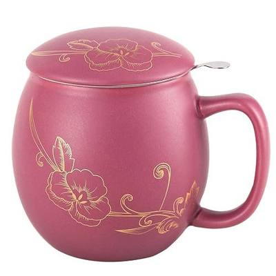 Yundu 12 OZ Ceramic Mug with Lid & Tea Strainer - Matte Purple Tea Cup with Golden Flower, Stainless Steel Infuser for Loose Leaf Tea