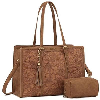 LOVEVOOK Laptop Bag for Women, Vintage Leather 15.6 Inch Work Tote with Large Cup Holder, Teacher Professional Computer Bag with Clutch Purse and Tassel for Office Business
