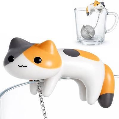 Cute Tea Infuser for Loose Leaf Tea, 304 Stainless Steel Fine Mesh Tea Ball Strainer with Adorable Calico Cat Mug Hook, Easy Lift-Out, Leak-Resistant Closure, Dishwasher Safe, Gift Box