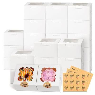 26pcs White Cookie Boxes with Window, 4x4x2.5 Inches Small Bakery Boxes with 36pcs Stickers, for Mini Cake Cookies Treat Dessert Pastry Donuts Macaroon Strawberries Chocolate Cupcakes Candy