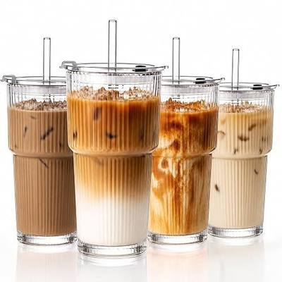 GOSCHE 20oz Glass Tumblers with Straws and Lids, Ribbed Iced Coffee Cups Leak-proof, Dishwasher Safe, Thickened Glass Cups with Lids Ideal for Coffee and Travel, Clear, 4 Pack