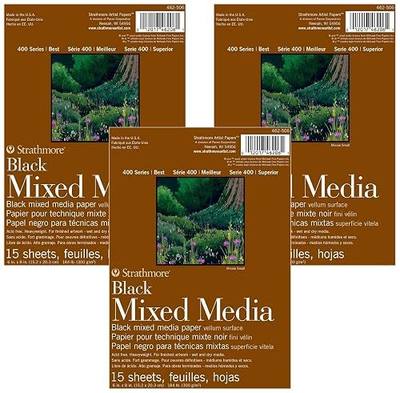 Strathmore 400 Series Mixed Media Paper, Black, Foldover Pad, 6x8 inches, 15 Sheets (184lb/300g) - Artist Paper for Adults and Students - Watercolor, Gouache, Graphite, Ink, Pencil, Marker (Pack of 3)