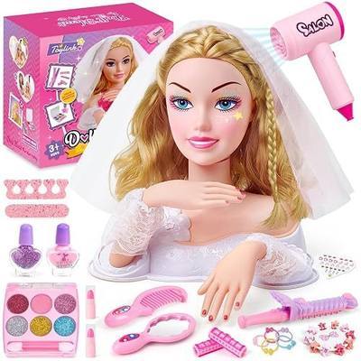 Toylink Doll Head for Hair Styling Kids Makeup Set, Blonde Bride Beauty Stylist Pretend Play Toy With Bridal Veil/ Hairdryer/ Curling Iron, Hair Salon Toy Birthday Gift For Girl 3 4 5 6 7 8+ Years Old