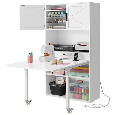 DWVO Sewing Craft Table with Storage | Craft Armoire with Fold-Out Table and USB Power Outlets, Large Capacity Sewing Cabinet with Expandable Desk, Adjustable