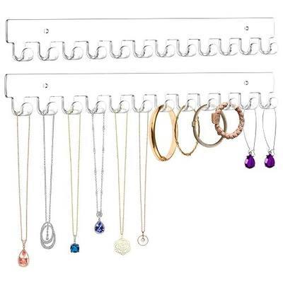 13.8 inch Acrylic Necklace Holder 2 Pack Wall Mounted Necklace Organizer Hanging Jewelry Organizer with 12 Hooks for Necklaces, Bracelets, Rings and Bangles Display