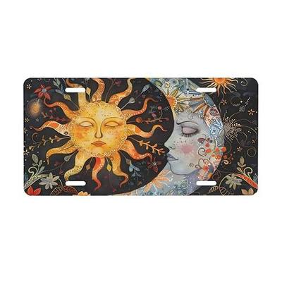 Sun Moon Front License Plate Car Designs Stainless License Plate Holder | Ethnic Flower License Plate for Men Women Metal Aluminum Decorative Accessory Vanity Tag Boho Standard 6 X 12 In 4 Holes
