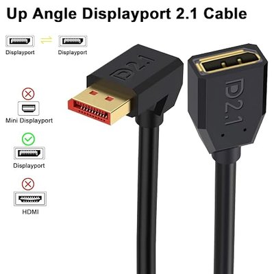Poyiccot 16K Displayport 2.1 Cable 1.5FT, 90 Degree Up Angle Displayport Extension Cable, 54Gbps DP Support for 16K@30Hz, 8K@120Hz, 4K@240Hz 165Hz, HDR, HDCP,Gaming Monitor, TV, Graphics