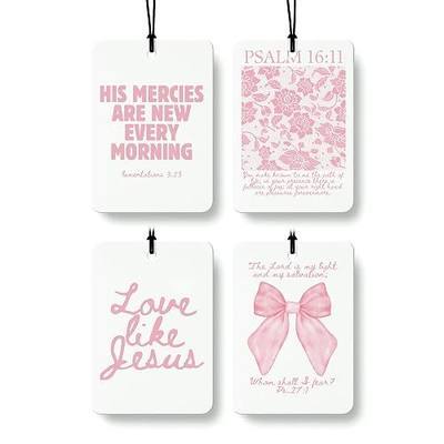 Pink Christian Car Air Freshener 4 Pcs, Girly Pink Bow Floral Religious Hanging Air Freshener for Cars Closet Drawer Books, Cute Preppy Christian Car Accessories Mirror Decor for Women
