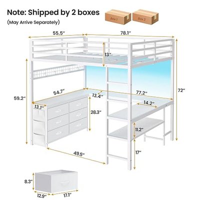 ADORNEVE Loft Bed Full Size with U-Shaped Desk, 6 Storage Drawers, Power Outlet, LED Metal Loft Bed with 2 Storage Shelves, Bed with Safety Guardrail & Ladders,Space-Saving,White