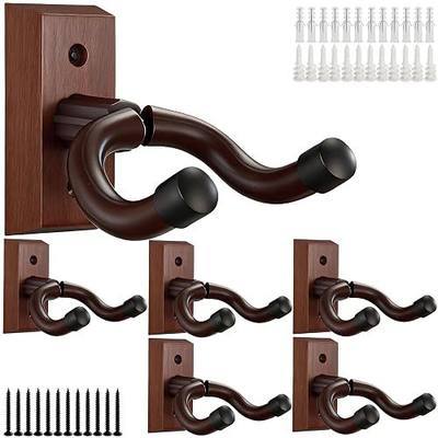 6Pack Solid Wood U-Shape Guitar Hanger, Anti-Slip for Guitar, Bass & Banjo | Brown solid wood hangers hold guitars, basses & banjos stably for tidy wall display.