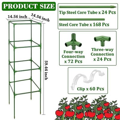 ZeeDix 6 Pack 60 Inch Heavy Duty Tomato Cages for Garden with Clips | Square Tomato Trellis for Raised Garden Bed, Adjustable Plant Support Stakes for Climbing Vegetables Flowers with 40Pcs Clips