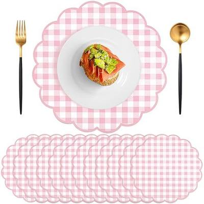 60 Pcs Light Pink Gingham Paper Placemats, 13.5 Inch Scalloped Table Mats | Thick Paper, Pink Checkered Design, Protects Tables, Easy Cleanup, For Weddings, Baby Showers, Tea Parties, Picnics