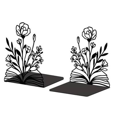 Peacoblue 5.3"x4.3"x7.9" Metal Bookends, Heavy Duty Book Ends for Shelves | Books and Flowers Theme Cast Iron Book Supports, 1 Pair Decor Stoppers for Desk, Library, Office & Home Shelves