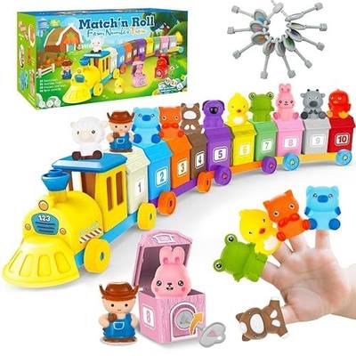 BOLZRA Farm Animal Train Toy Set for Toddlers Ages 1-5 | Montessori Counting & Sorting Train Set with 11 Finger Puppets, Educational Matching Locks & Barns Toy Gift for Kids