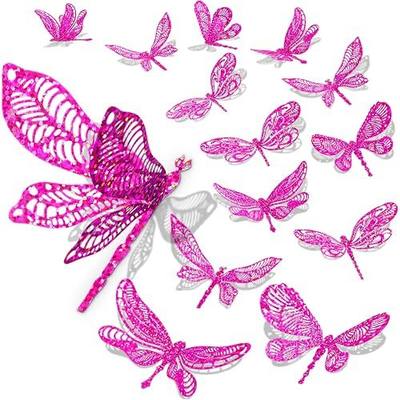 60 Pcs 3D Iridescent Dragonfly Decorations, Rose Red | Sequined Room Decor, Set 4 Style Decorative Paper Dragonfly, Party Birthday Shower Decorations, Wedding Decor DIY Gift