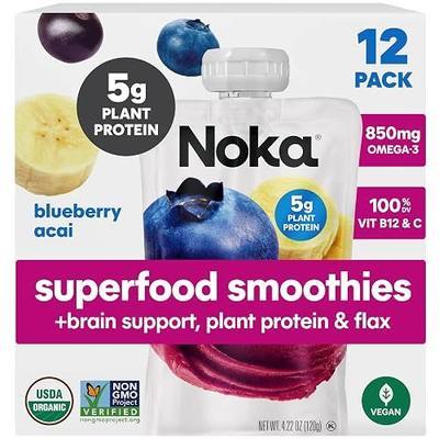 Noka Organic Superfood Smoothie Pouch, Blueberry Acai + Brain Support 12pk | 850mg Omega-3 Flax Seed, Organic Plant Protein, No Added Sugar, Vegan, Gluten Free, Healthy Snacks, Shelf Stable