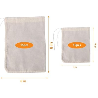 30 Pcs Natural Cotton Spice Bags for Cooking:4x6,6x8Reusable Tea Filters with Drawstring, Ideal for Straining Soups, Herb Sachets & Cold Brew (Food-Grade Cotton). (4x6"15pcs,6x8"15pcs)