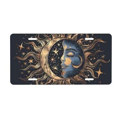 Sun Moon Front License Plate Car Designs Stainless License Plate Holder | Galaxy Celestial License Plate for Men Women Metal Aluminum Decorative Accessory Boho Vanity Tag Standard 6 X 12 In 4 Holes