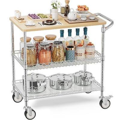 Rolling Kitchen Carts with Wheels, 3-Tier Utility Cart with Wood Tabletop | NSF Commercial Metal Serving Cart with Handle and Shelf Liner for Kitchen Snacks, 34"D x 17.5"W x 32.5"H,Chrome