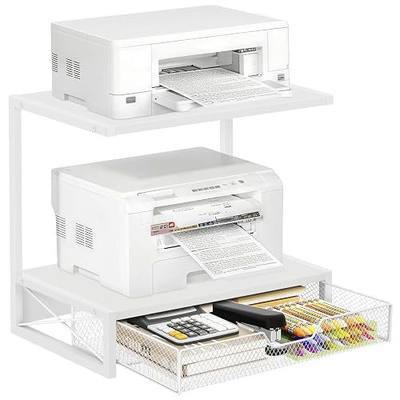 ELITEROO Printer Stand for Desk with Storage Drawer, 2 Tier Desktop or Under Desk Shelf, Wood Desktop Organizer for Home Office, Fits 3D Printer, Scanner, Fax Machine, Cricut, White