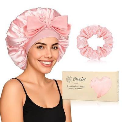 Double-Layer Satin Silk Sleep Bonnet for Women, Adjustable Tie Band, Pink | Large Size, Hair Protection for Curly Natural Wavy Hair, Includes 1 Free Silk Hair Scrunchies, Birthday Gifts