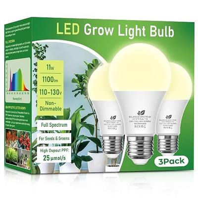 A19 11W LED Grow Bulbs E26 Base Full Spectrum Plant Light Bulb for Indoor | 3 Pack 100W Equivalent Plant Lights for Indoor Growing, Flowers, Greenhouse, Seed Starting