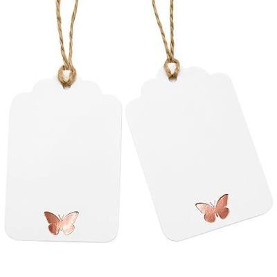 100Pcs Blank Gift Tags with String, Foil Rose Gold Butterfly Large Gift Tags with 65 Ft Jute Twine Cute Tags White Paper Gift Tag for Birthday Baby Shower Wedding Spring Summer Gift Wrap Tag