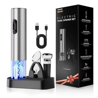 Electric Wine Opener Rechargeable, BABONIR 6-in-1 Wine Gift Set | Stainless Steel, Vacuum Stopper, Automatic Bottle Opener, Foil Cutter, Wine Aerator, Storage Base, Wine Gifts for Parents