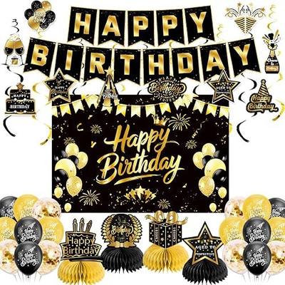 Black Gold Birthday Decorations for Men Women, Pre-Strung Happy Birthday Banner with Backdrop, Balloons,Honeycomb Centerpieces & Streamers Kit